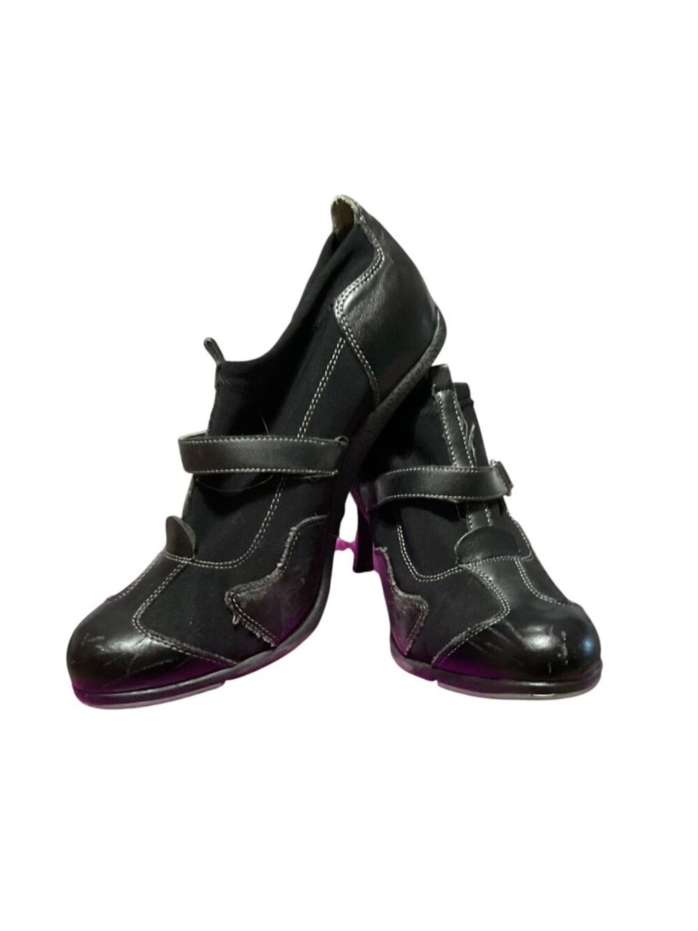 Vtg Dollhouse Brink Mary Jane Heels Sz 8 Black Stitch Faux Leather Fabric Style